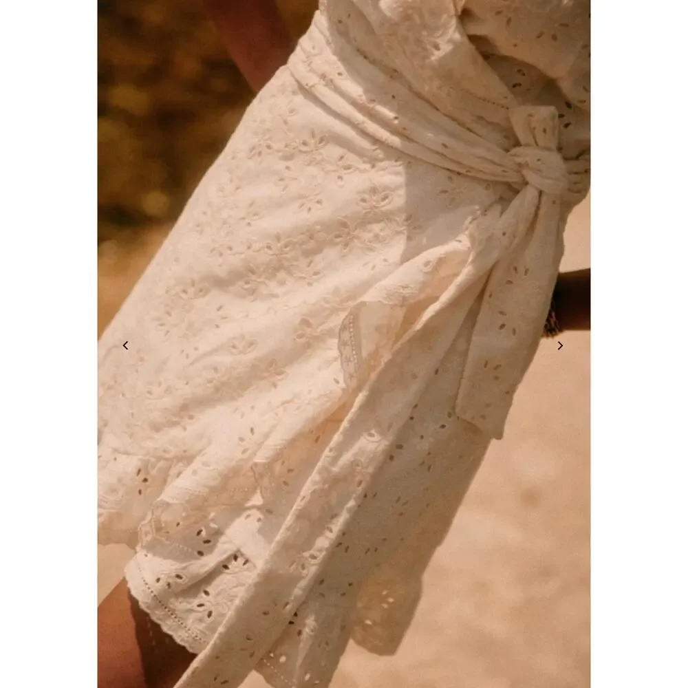Sezane Robe Asianne Eyelet Mini Wrap Dress Womens Size 2 Ecru Cream New Flawed